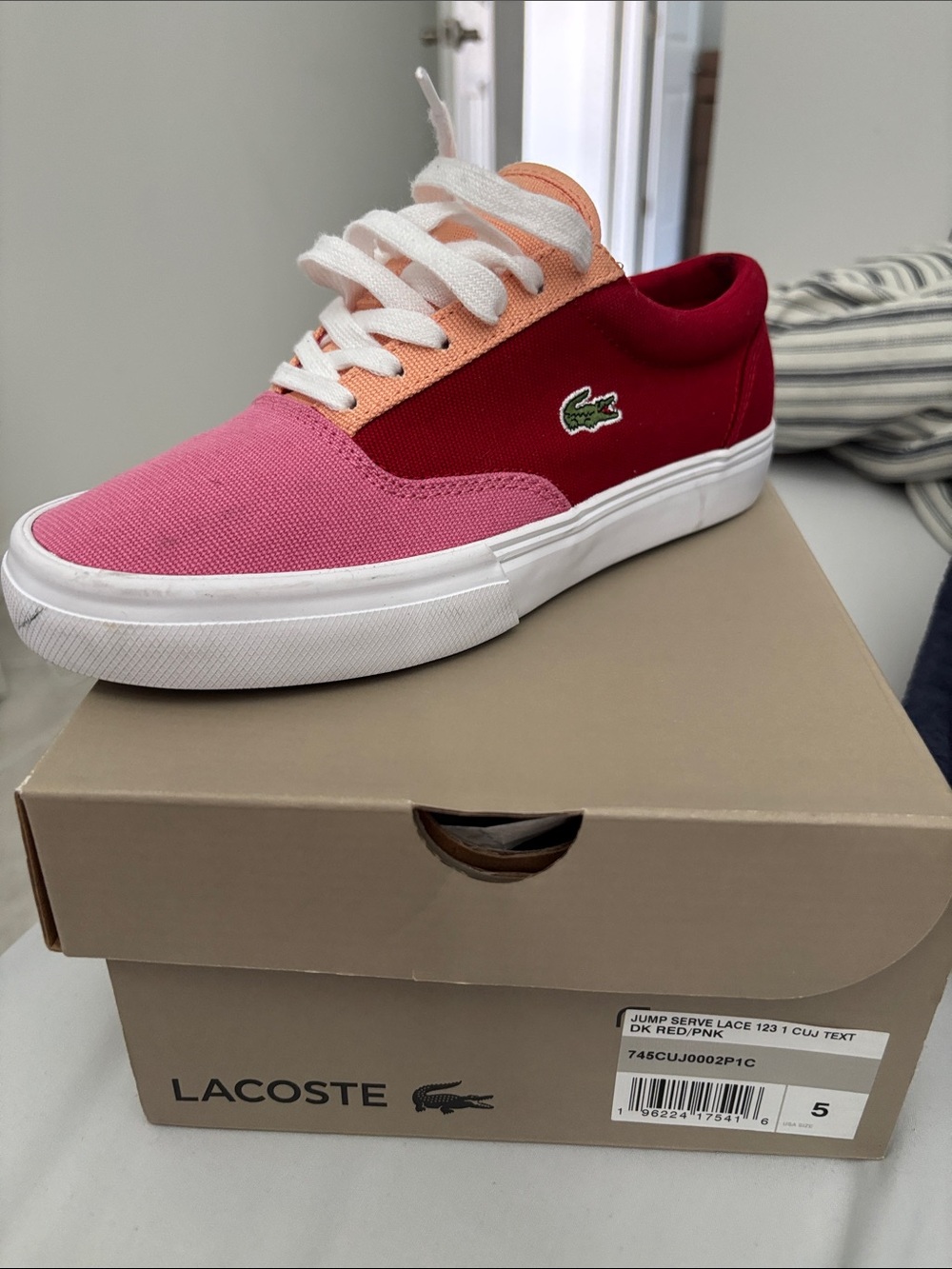 Lacoste Colorblock Canvas Low-Top in Pink, Red & Peach